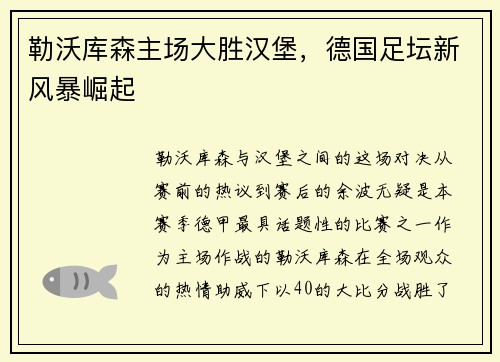 勒沃库森主场大胜汉堡，德国足坛新风暴崛起