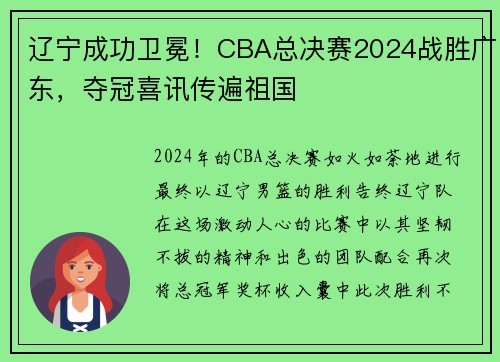辽宁成功卫冕！CBA总决赛2024战胜广东，夺冠喜讯传遍祖国